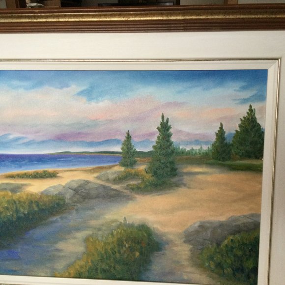 Original art painting on canvas board landscaping wood frame wall hanging signed - Picture 3 of 9